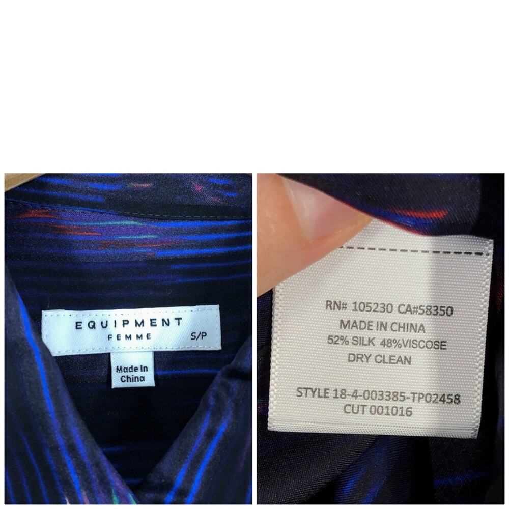 Equipment Sheer Silk Blend Button Front Blouse Abstract Stripe Size Small Blue - Picture 11 of 15